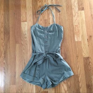 Olive Green Linen Halter Romper